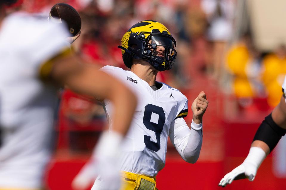 Michigan quarterback J.J. McCarthy looks to pass the ball against Nebraska during the first half of U-M's 45-7 win on Saturday, Sept. 30, 2023, in Lincoln, Nebraska.