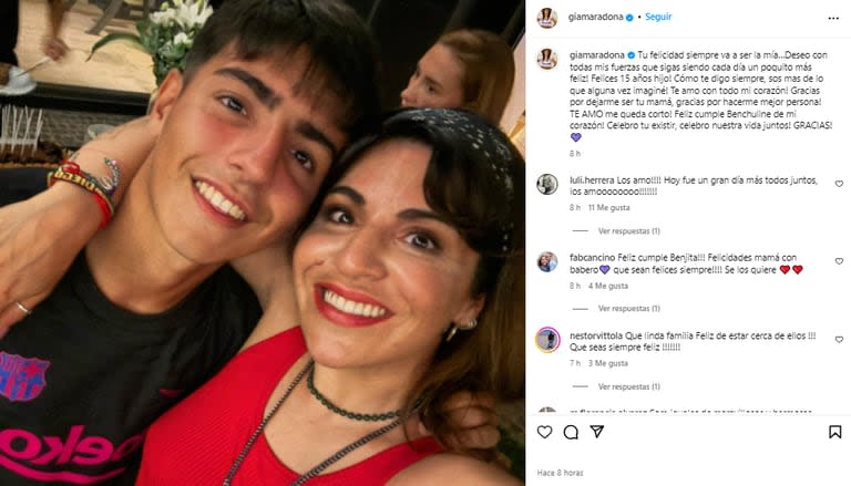 El saludo de Giannina Maradona para su hijo en su cumpleaños número 15 (Foto: Instagram @giamaradona)