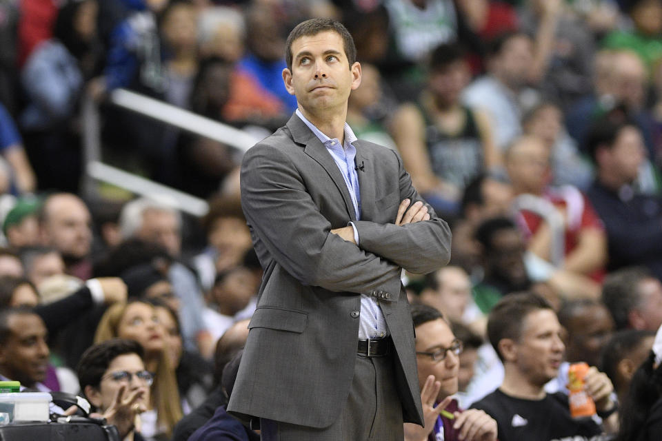Boston Celtics coach Brad Stevens stands near the bench during the second half of the team's NBA basketball game against the Washington Wizards, Tuesday, April 9, 2019, in Washington. The Celtics won 116-110. (AP Photo/Nick Wass)