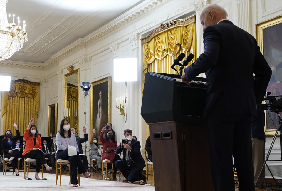 President Joe Biden speaks during a news conference in the East Room of the White House, Thursday, March 25, 2021, in Washington. (AP Photo/Evan Vucci)