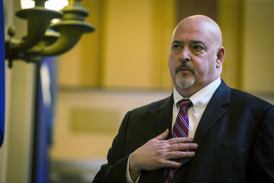 House Speaker Todd C. Gilbert R-Woodstock leads the House of Delegates in the Pledge of Allegiance during the first day of 2023 legislative session at the Virginia State Capitol Building in Richmond, Va. on Wednesday, Jan. 11, 2023. The Republican majority plans to address school safety and abortion during the short 2023 session. (AP Photo/John C. Clark)