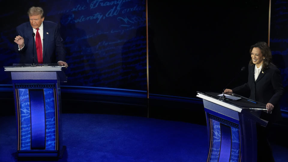 Republican presidential nominee former President Donald Trump and Democratic presidential nominee Vice President Kamala Harris participate during an ABC News presidential debate at the National Constitution Center, Tuesday, Sept.10, 2024, in Philadelphia. (AP Photo/Alex Brandon)