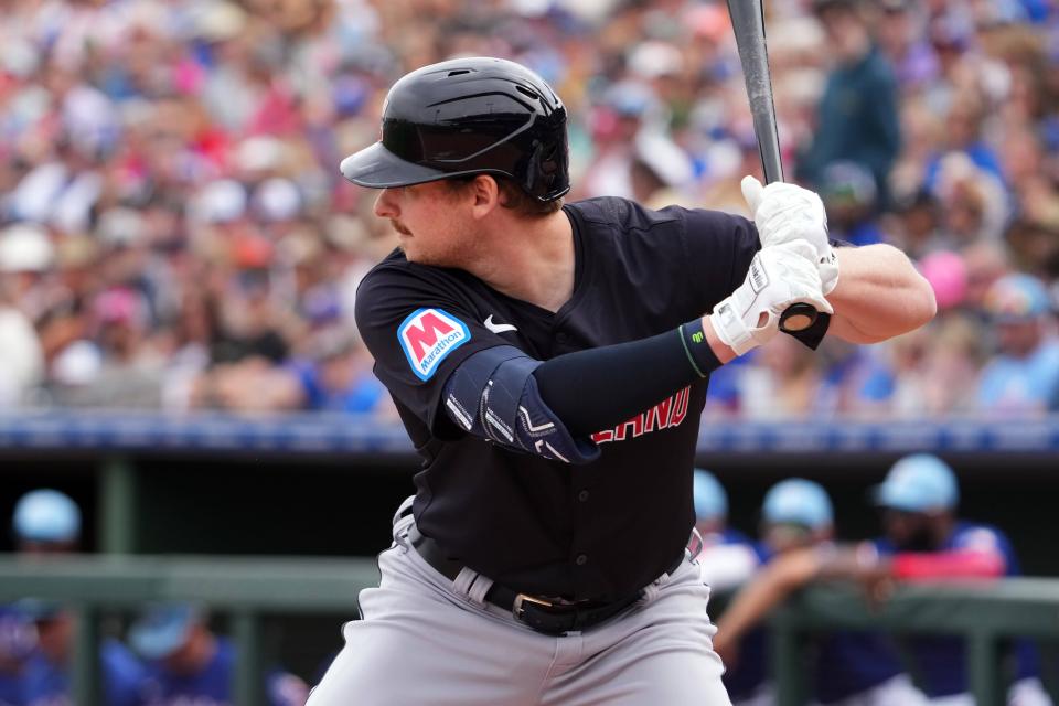 Mar 12, 2024; Surprise, Arizona, USA; Cleveland Guardians designated hitter Kyle Manzardo (73) bats against the Texas Rangers during the second inning at Surprise Stadium. Mandatory Credit: Joe Camporeale-USA TODAY Sports