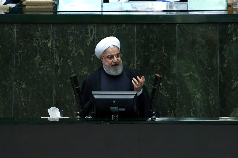 Iranian President Hassan Rouhani speaks during a session of parliament in Tehran