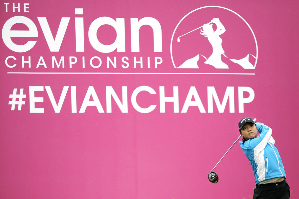 FILE - In this Sept. 17, 2016, file photo, Lydia Ko, of New Zealand, tees off on the first hole during the third round of the Evian Championship women's golf tournament in Evian, eastern France. The LPGA Tour has lost its first major because of the COVID-19 pandemic. The tour says the Evian Championship has been canceled this year because of travel and border restrictions in France. (AP Photo/Laurent Cipriani, File)