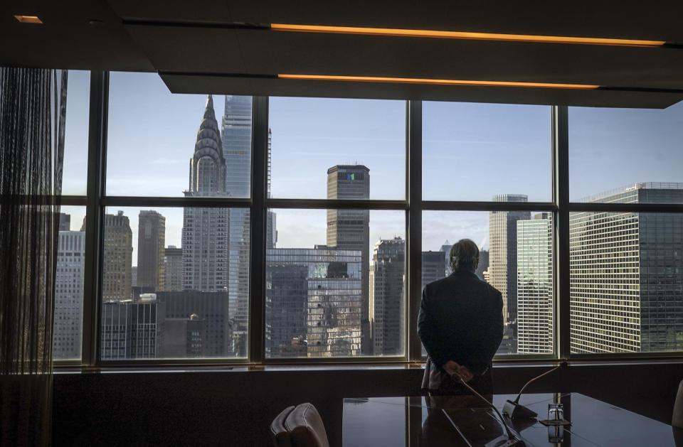 United Nations Secretary-General António Guterres looks at a view of New York from a conference room following an interview, Wednesday Oct. 21, 2020, at U.N. headquarters. (AP Photo/Bebeto Matthews)