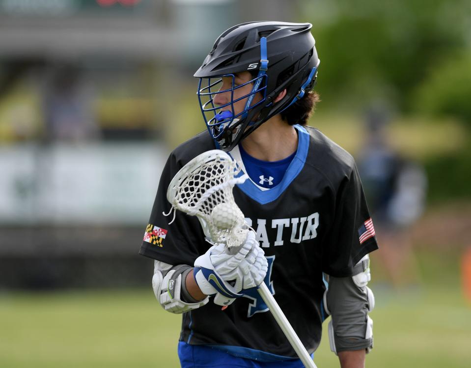 Decatur's Graham Geiser (4) changes direction against The Salisbury School Tuesday, April 25, 2023, in Salisbury, Maryland. Decatur defeated The Salisbury School 23-7.