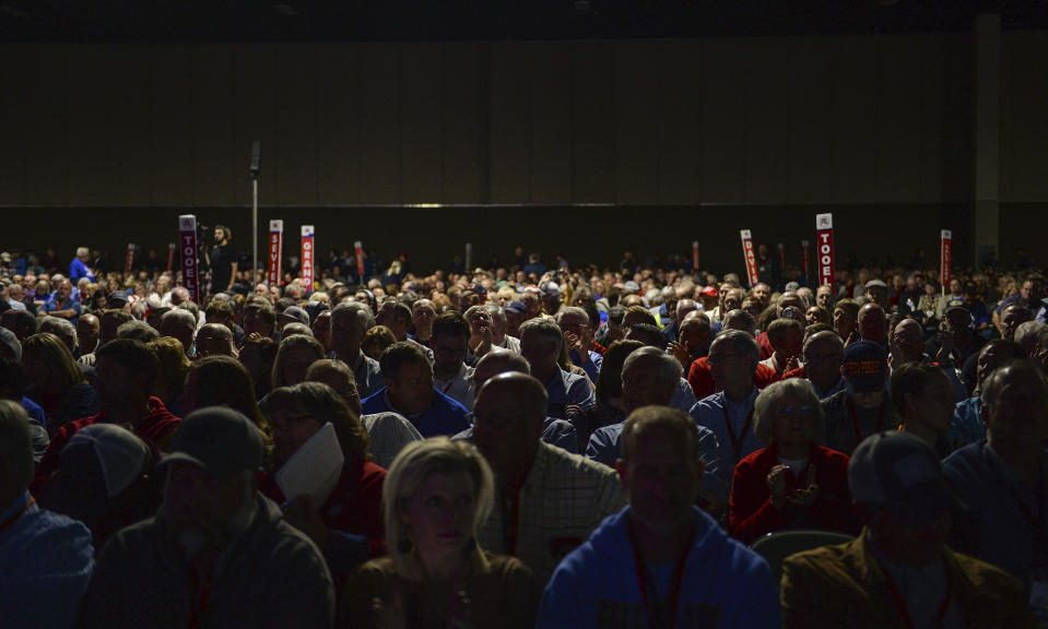Delegates attend the Utah Republican Party nominating convention, Saturday, April 23, 2022, in Sandy, Utah. (Chris Samuels/The Salt Lake Tribune via AP)