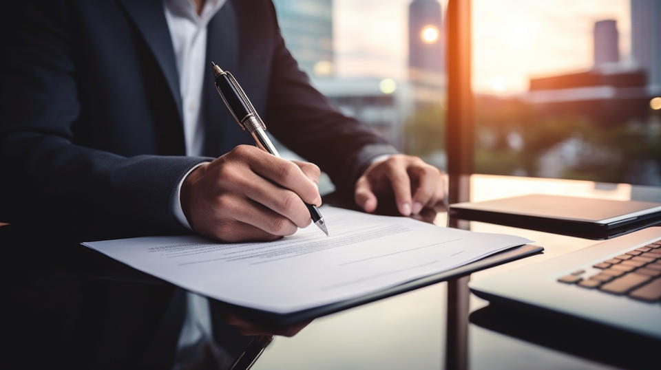 A businessperson looking at a computer while signing a commercial loan agreement.