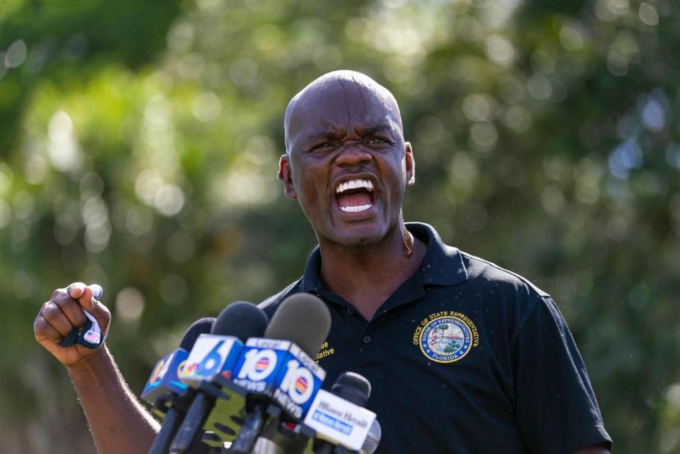 Florida House of Representatives Democratic Leader Kionne L. McGhee (D-Cutler Bay) speaks during a press conference outside a United States Postal Service office in Princeton, Florida on Saturday, October 31, 2020. The press conference was held to address reports that special agents with the U.S. Postal Service Office of Inspector General discovered backlogged election mail sitting inside the Princeton post office.