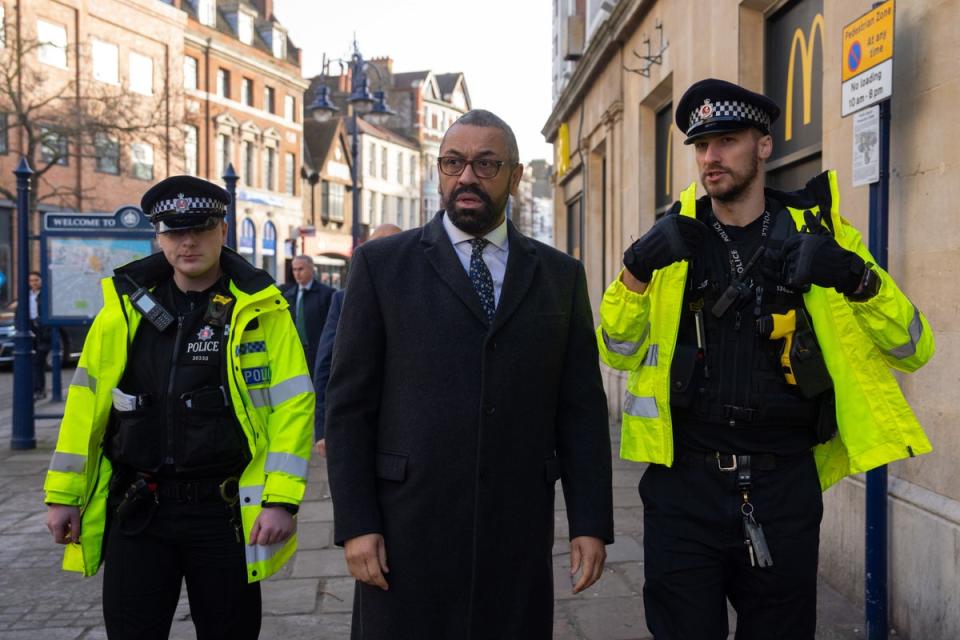 James Cleverly accompanies police in Gravesend (PA)