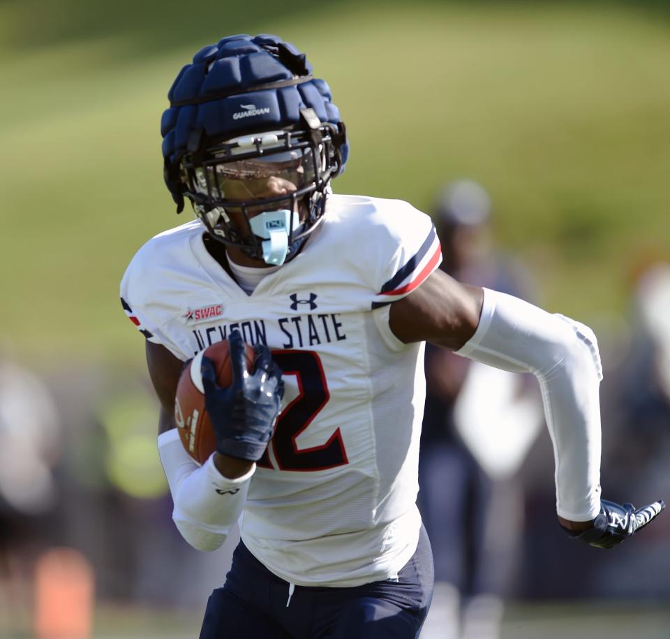 Jackson State’s Travis Hunter carries during its spring game at Veterans memorial Stadium in Jackson, Miss., Sunday, April 24, 2022.