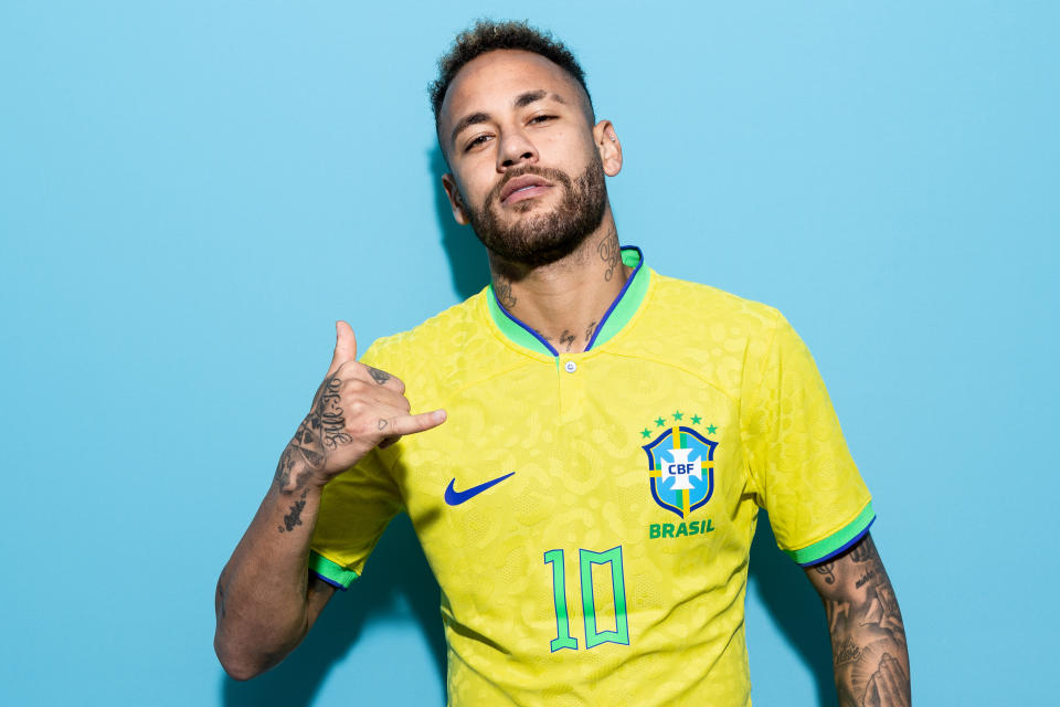 DOHA, QATAR - NOVEMBER 20: Neymar of Brazil poses during the official FIFA World Cup Qatar 2022 portrait session on November 20, 2022 in Doha, Qatar. (Photo by Buda Mendes - FIFA/FIFA via Getty Images)