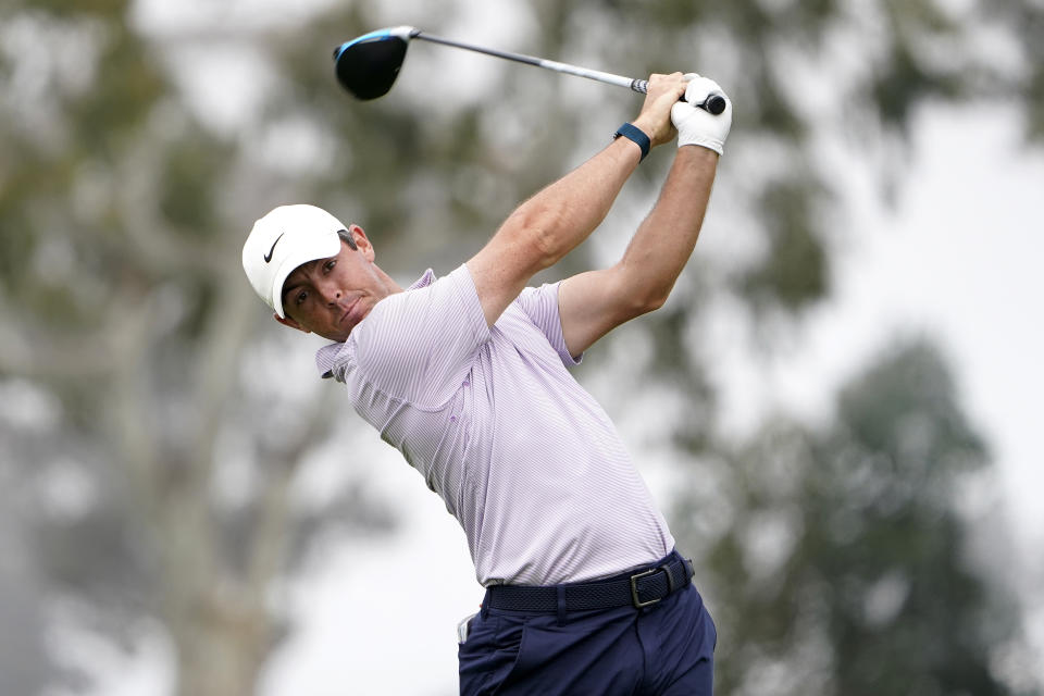 Rory McIlroy, of Northern Ireland, plays his shot from the second tee during a practice round of the U.S. Open Golf Championship, Wednesday, June 16, 2021, at Torrey Pines Golf Course in San Diego. (AP Photo/Jae C. Hong)