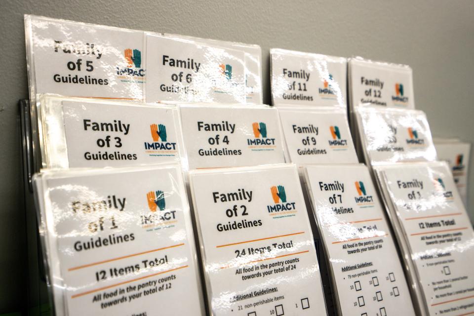 Guideline cards to help families pick out food are seen at IMPACT food pantry in the Drake neighborhood on Tuesday, August 1, 2023 in Des Moines.