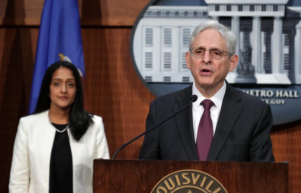 U.S. Attorney General Merrick Garland delivers the Department of Justice findings on the Investigation of the Louisville Metro Police Department and Louisville Metro Government, at Louisville Metro Hall on Wednesday, March 8, 2023. WIth Garland is Vanita Gupta, associate attorney general.