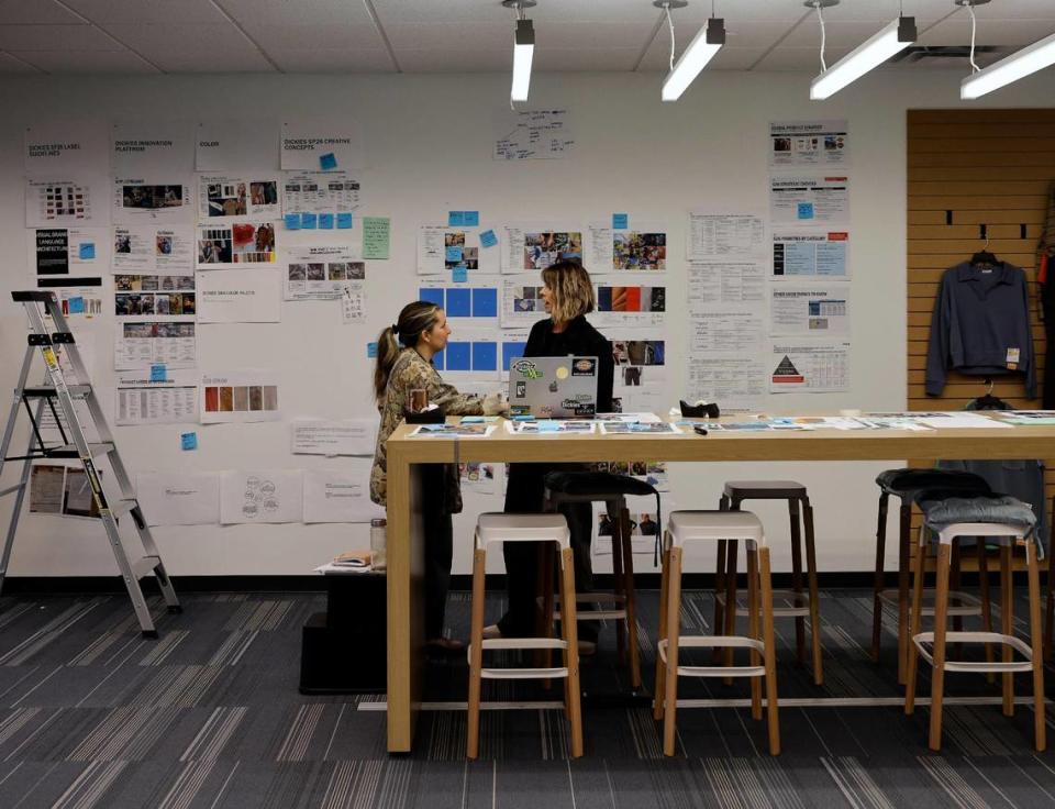 Senior designer of Workwear Megan McBride and design director Nicole Prescott work up Spring 2026 designs at Dickies Quality Workwear and Apparel offices in downtown Fort Worth Texas, Thursday Mar. 28, 2024.