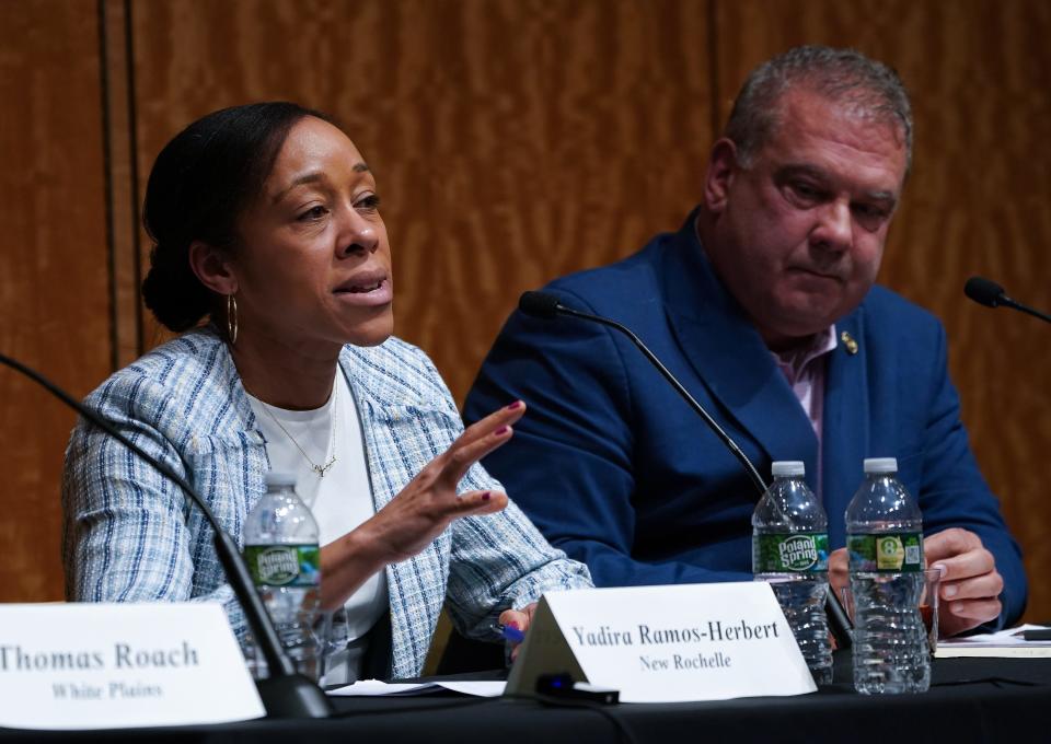 New Rochelle Mayor Yadira Ramos-Herbert, left, and Yonkers Mayor Mike Spano offer comments on development during a Westchester Mayors Roundtable hosted by Building Owners and Managers Association (BOMA) in White Plains on March 14, 2024.