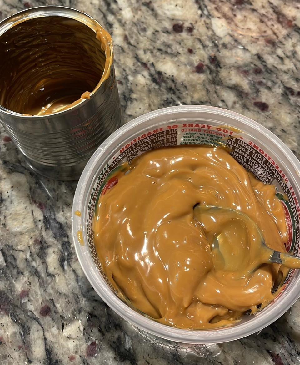 Homemade dulce de leche made by boiling a can of condensed milk for three hours.