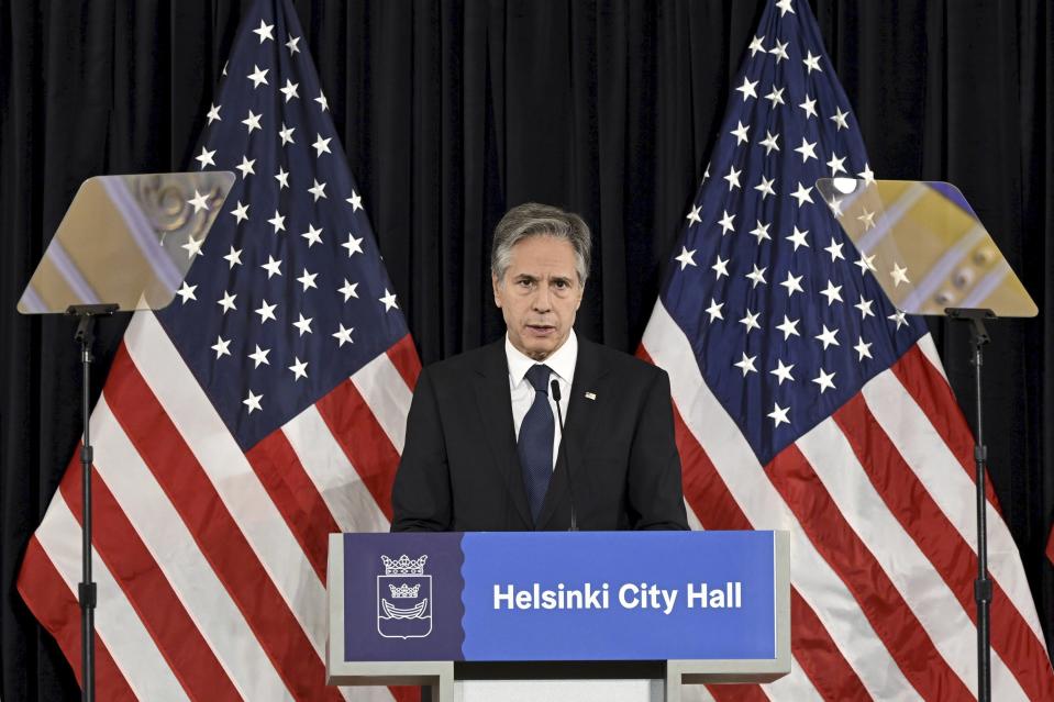 US Secretary of State Antony Blinken delivers his speech at the Helsinki City Hall, Finland Friday, June 2, 2023. (Emmi Korhonen/Lehtikuva via AP)