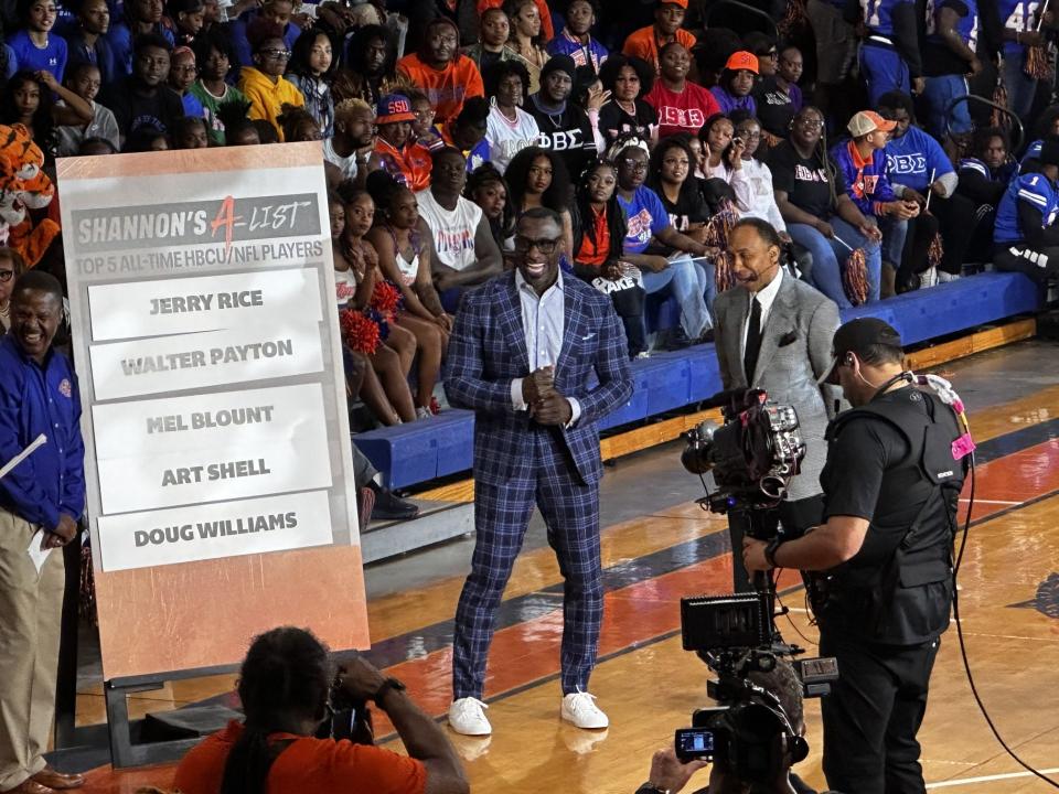 Shannon Sharpe, left, and Stephen A. Smith during the broadcast of "First Take" at Savannah State Monday.