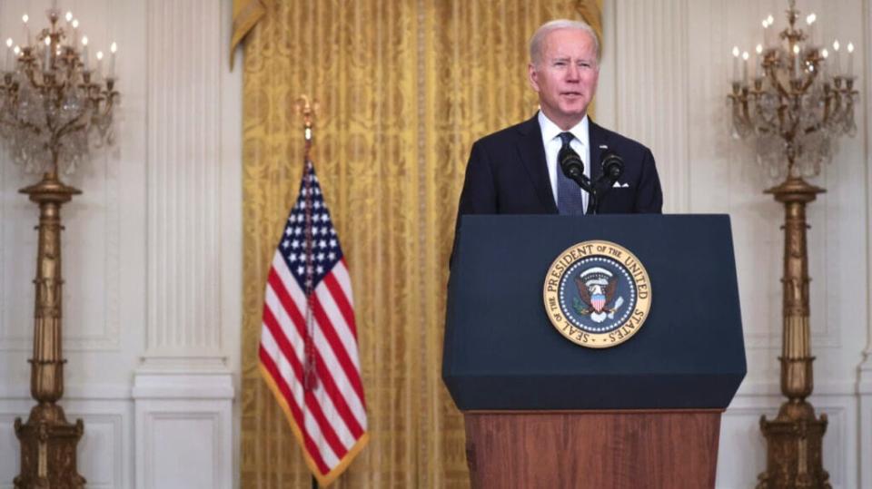 U.S. President Joe Biden delivers remarks on Russia and Ukraine in the East Room of the White House on February 15, 2022 in Washington, DC. (Photo by Alex Wong/Getty Images)