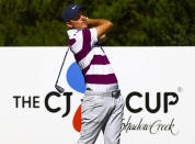 Russell Henley watches his tee shot at the fifth hole during the first round of the CJ Cup golf tournament at Shadow Creek Golf Course, Thursday, Oct. 15, 2020, in North Las Vegas. (Chase Stevens/Las Vegas Review-Journal via AP)