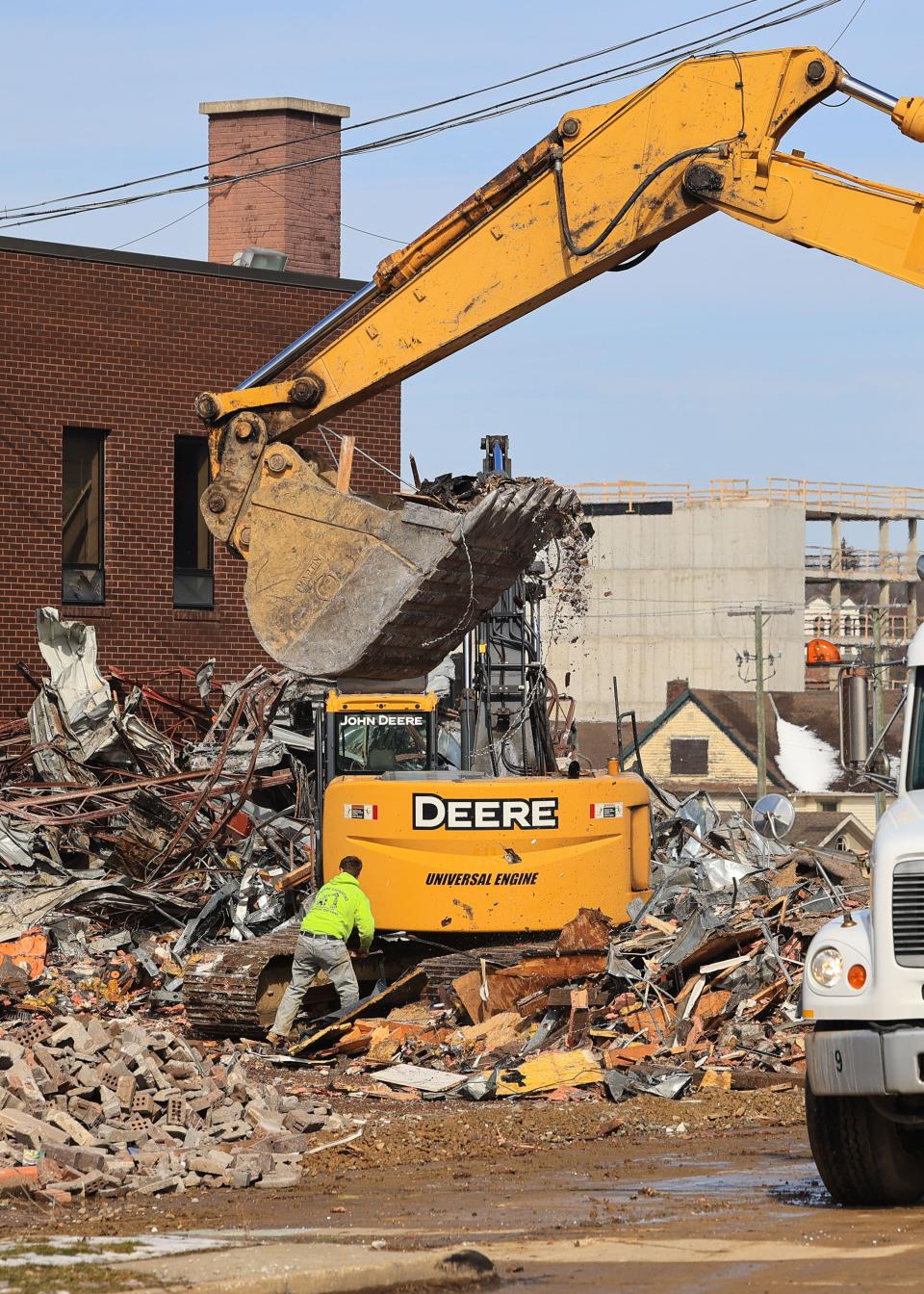 Demolition began on the old City of Kent Police Department building located at the corner of Water Street and Haymaker Parkway Monday morning. The site will be the future home for the new Kent City Hall.