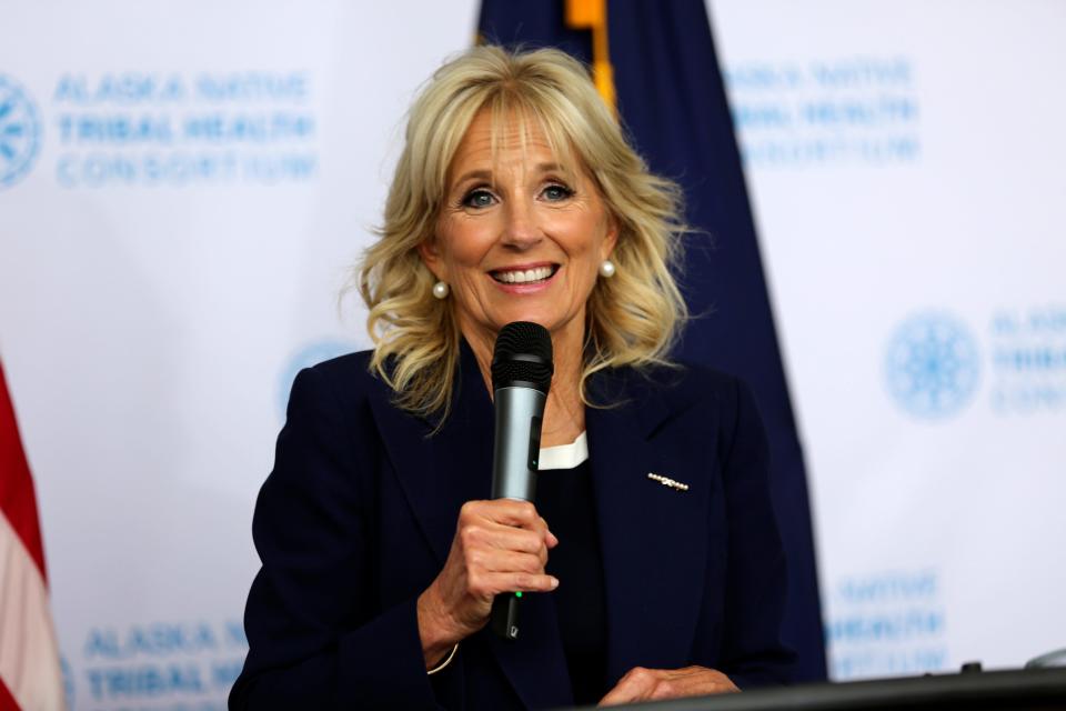 First lady Jill Biden stopped to visit the Alaska Native Health Tribal Health Consortium office in Anchorage on July 21, 2021, on her way to Tokyo leading the U.S. delegation to the Olympic Games.