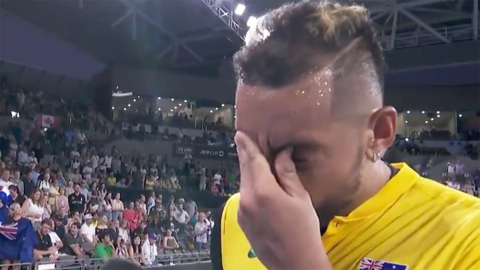 Nick Kyrgios, pictured at the ATP Cup, teared up when asked about Australia's bushfire disaster.