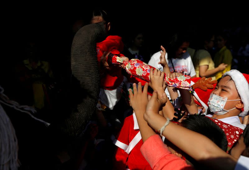 Elephants distribute Christmas presents to students at a school in Ayutthaya