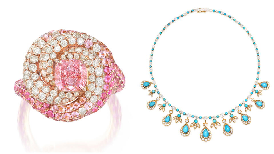 Fancy vivid purplish pink diamond ring; Van Cleef & Arpels turquoise and diamond necklace