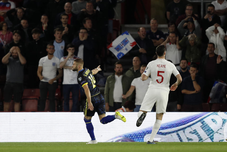 Valon Berisha gave Kosovo a shock lead. (Photo by Adrian DENNIS / AFP) / NOT FOR MARKETING OR ADVERTISING USE / RESTRICTED TO EDITORIAL USE        (Photo credit should read ADRIAN DENNIS/AFP/Getty Images)