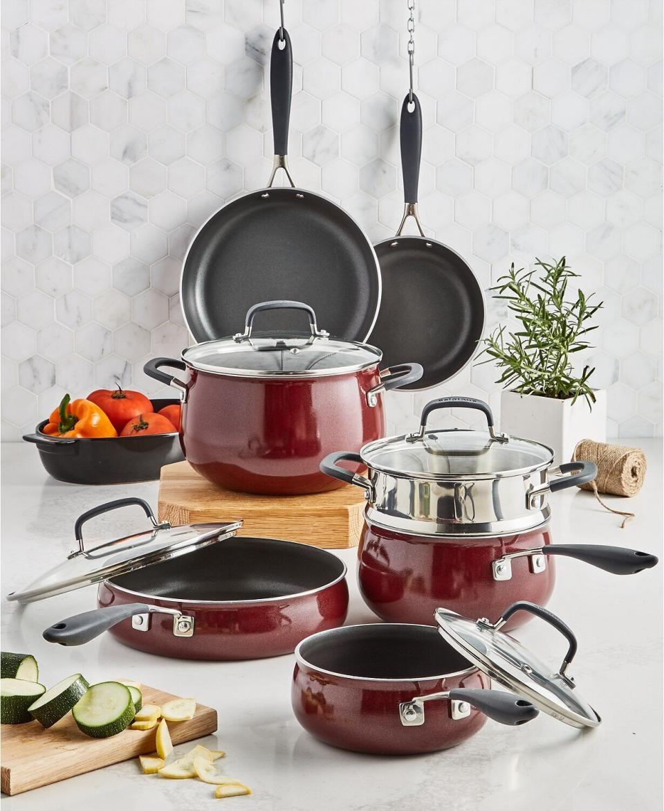 This cookware set includes pots and pans that have a non-stick cooking surface and are made with quick-heating aluminum. The set even comes with a steamer insert and casserole dish as extras. <a href="https://fave.co/2ULAfWR">Originally $300, get the set now for $130 at Macy's</a>.