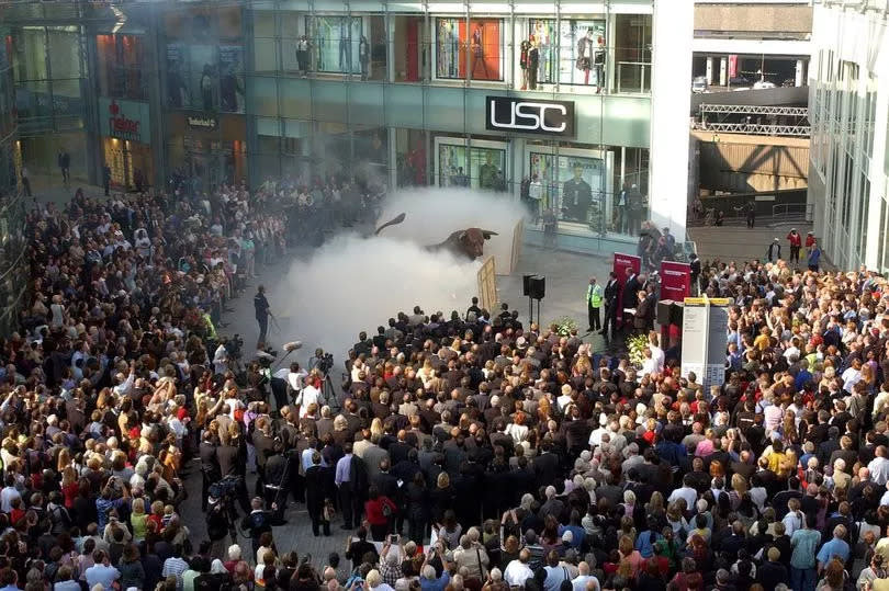 What's in the box? A massive crowd gathered for the September 4, 2003 unveiling of the Bull sculpture and the opening of the Bullring shopping centre which welcomed customers from 10am