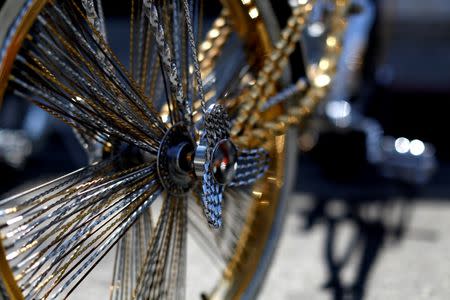 The wheel of a customized low rider bicycle is pictured outside Manny's bike shop in Compton, California U.S., June 3, 2016. Picture taken June 3, 2016. REUTERS/Mario Anzuoni