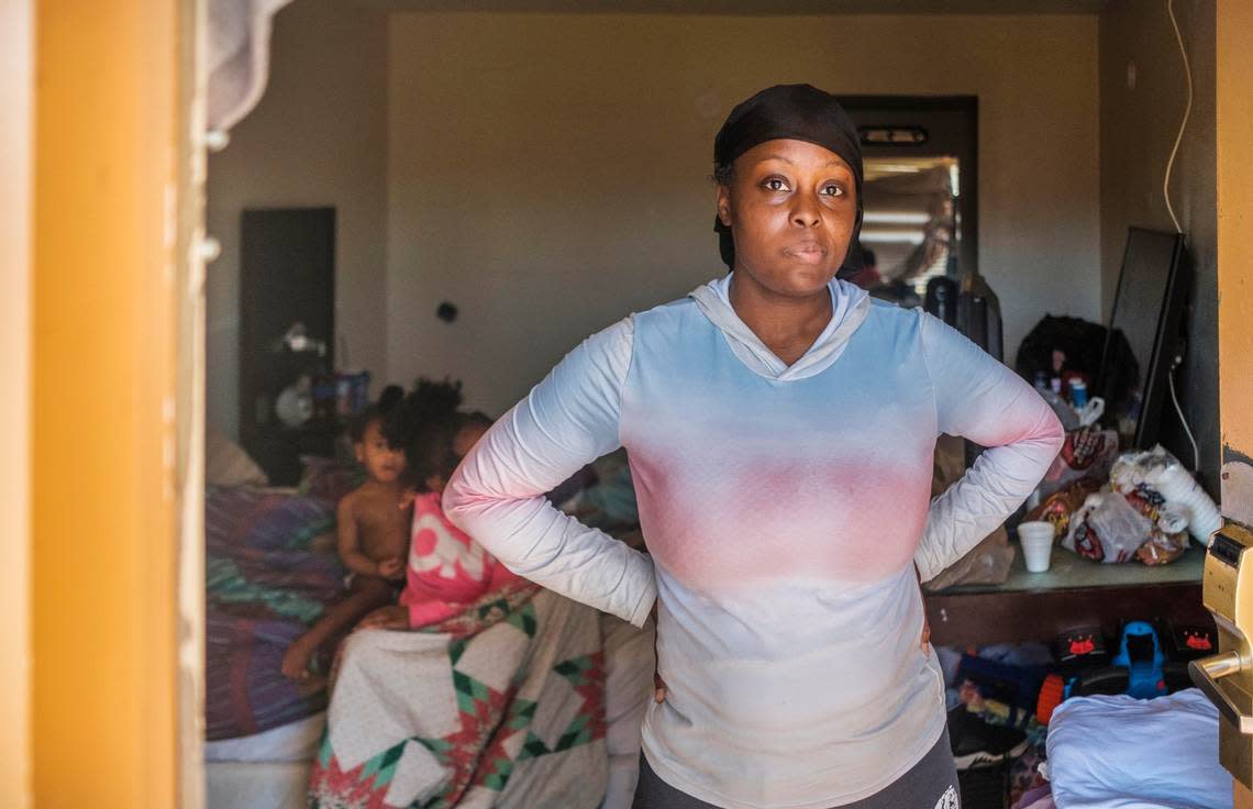 Keisha Gibson at the motel room she shares with her seven children. Gibson’s children meet the definition of homeless twice over under a federal education law. Under federal housing law they do not, locking Gibson and her kids out of housing aid.