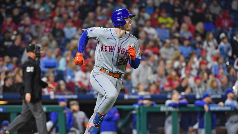 Sep 22, 2023; Philadelphia, Pennsylvania, USA; New York Mets third baseman Brett Baty (22) watches this game-tying home run during the ninth inning against the Philadelphia Phillies at Citizens Bank Park.