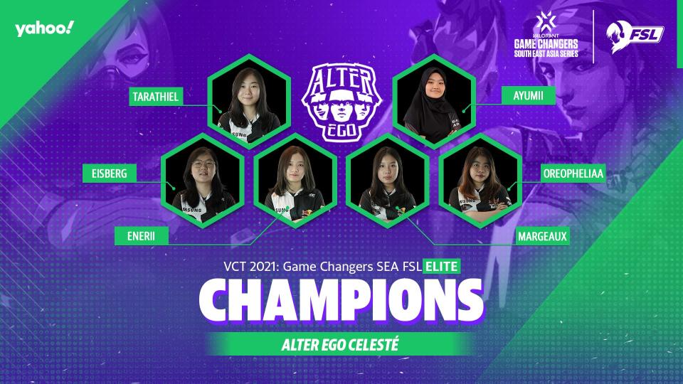 Alter Ego Celest&#xe8; complete their conquest of the 2021 VALORANT Champions Tour Game Changers SEA: FSL VALORANT Circuit by taking the championship at FSL Elite. (Photo: Yahoo Esports SEA)