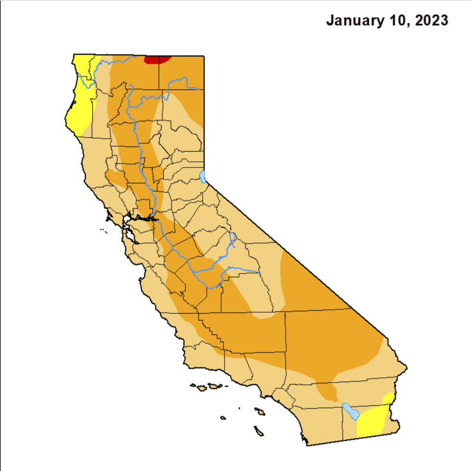 This map released courtesy of National Drought Mitigation Center shows California on Jan. 10, 2023. Atmospheric rivers pounding California since late last year have coated mountains with a full winter's worth of snow and begun raising reservoir levels but experts say it will take much more to precipitation to reverse the effects of years of drought. (National Drought Mitigation Center via AP)