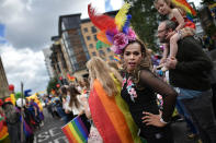 <p>A spectator poses for the camera as Belfast Gay Pride takes place on Aug. 5, 2017 in Belfast, Northern Ireland. (Photo: Charles McQuillan/Getty Images) </p>