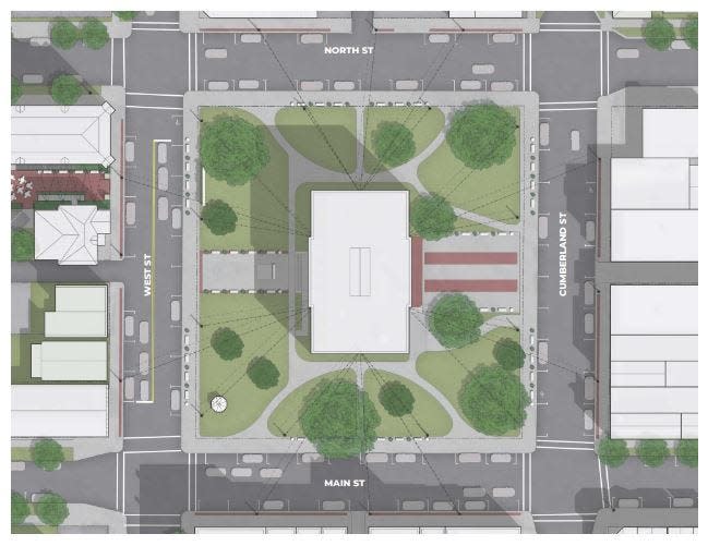 A rendering of the possible lighting configurations to span from the courthouse to various buildings around the square.