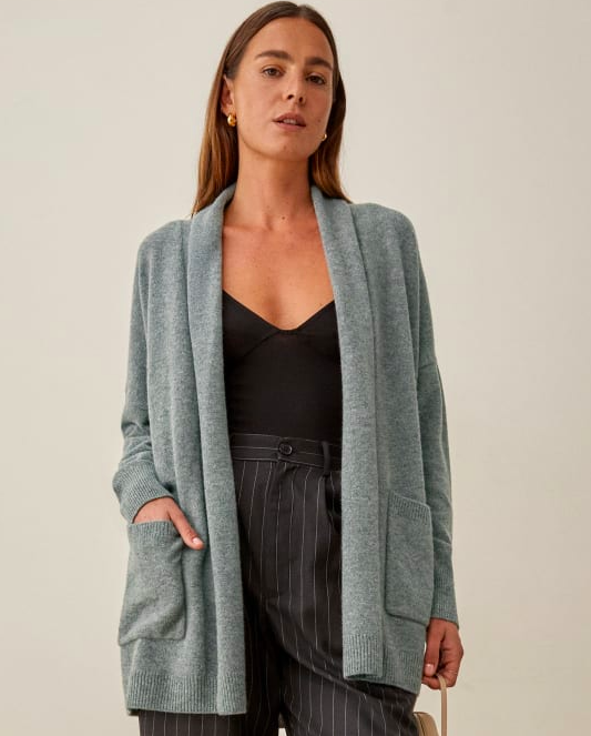 Model wears Eleonora Regenerative Wool Cardigan in grey