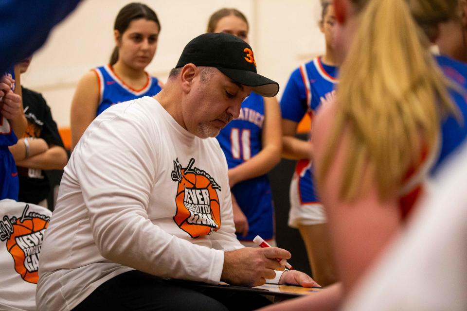 Saugatuck head coach Kevin Tringali draws up a play during a game against Fennville Saturday, Feb. 18, 2023, at Fennville High School. 