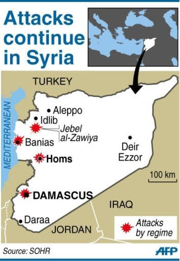 Map showing attacks by Syrian forces despite the presence of UN observers. Nearly 60 people were reported killed in violence across Syria on Monday despite a hard-won ceasefire and the upcoming deployment of 300 UN observers to monitor the truce, a watchdog said