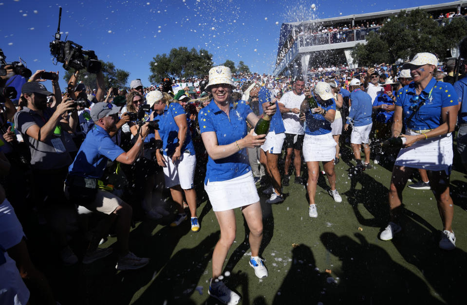 Europe's golf team members celebrate after wining the Solheim Cup golf tournament in Finca Cortesin, near Casares, southern Spain, Sunday, Sept. 24, 2023. Europe has beaten the United States during this biannual women's golf tournament, which played alternately in Europe and the United States. (AP Photo/Bernat Armangue)