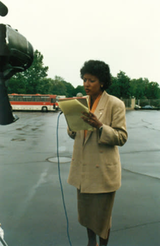 Jacqueline Adams reporting at the Reagan-Gorbachev summit in Moscow in 1988 for CBS News. (Courtesy Jacqueline Adams)