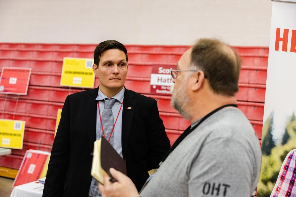 Utah Congressional 2nd District candidate Scott Hatfield speaks with delegates during the Utah Republican Party’s special election at Delta High School in Delta on June 24, 2023. | Ryan Sun, Deseret News