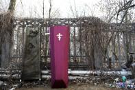 A coffin and a stretcher outside the mortuary of Donetsk's Kalinina hospital on March 5, 2015