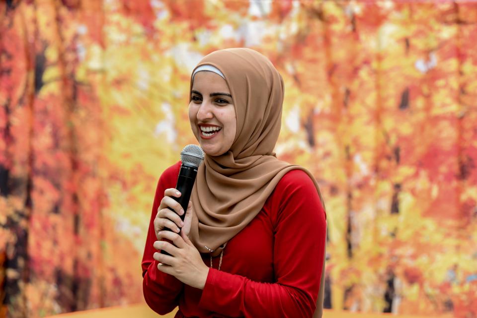 Essma Bengabsia emcees a Modesty Styles fashion show in Teaneck, N.J., on Sept. 28, 2019.